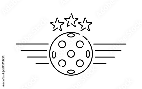 Pickleball line icon. Ball for paddle with stars. Sport equipment for tennis. Emblem for league and tournament. Branding and identity. Outline vector illustration isolated on white background