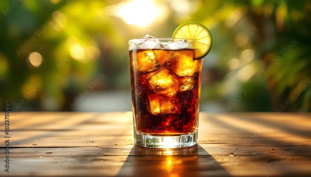 Low-Carb Rum and Diet Cola with Ice and Lime Garnish on a Wooden Table