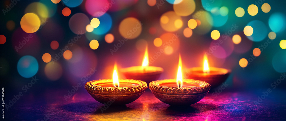Lit diya traditional oil lamp on colorful abstract rangoli background. Deepavali, Diwali. Hindu festival of lights. Template with copy space for greeting card, banner, poster for Indian holidays Lit diya traditional oil lamp on colorful abstract rangoli background. Deepavali, Diwali. Hindu festival of lights. Template with copy space for greeting card, banner, poster for Indian holidays