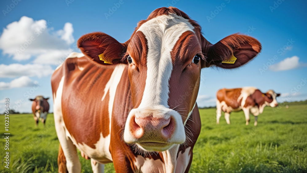 Close-up Brown and White Cows at Pasture or Field Enjoying a Spring or Summer Sunny Day Close-up Brown and White Cows at Pasture or Field Enjoying a Spring or Summer Sunny Day