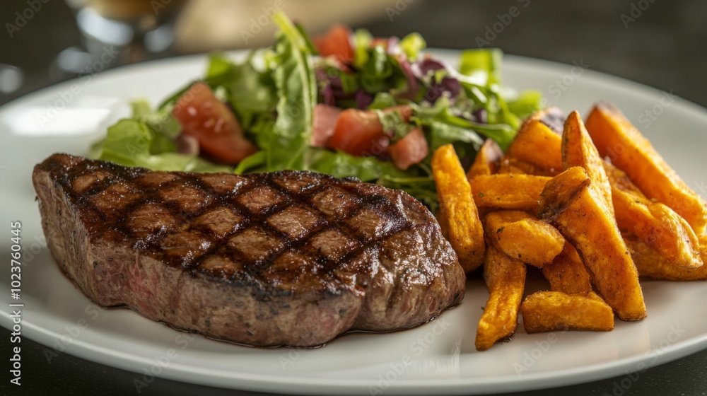 Delicious Grilled Steak with Salad and Sweet Potatoes Delicious Grilled Steak with Salad and Sweet Potatoes