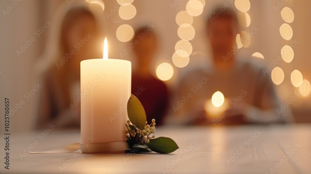 Advent lit candle centerpiece with blurred family gathering around the table in the background Advent lit candle centerpiece with blurred family gathering around the table in the background