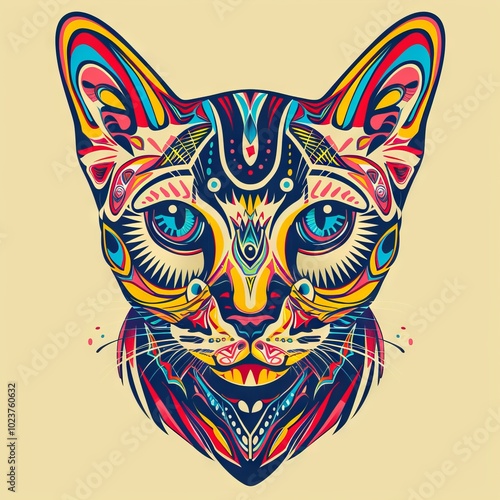 Cat head featuring bright tribal ornaments in copy space.