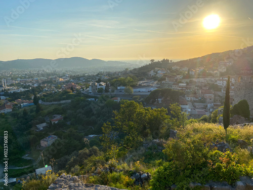 Top view Aerial view of Muslim neighborhood with mosque in city of Bar in Montenegro.