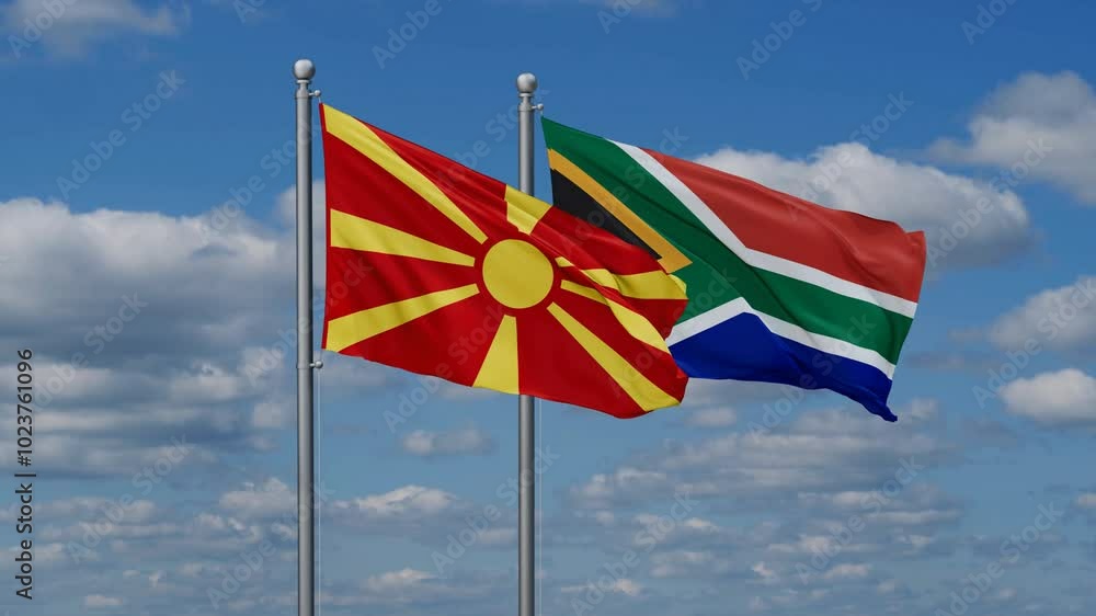 Republic of South Africa and Macedonia flags flying together, video concept of the relationship, two country cooperation concept Republic of South Africa and Macedonia flags flying together, video concept of the relationship, two country cooperation concept