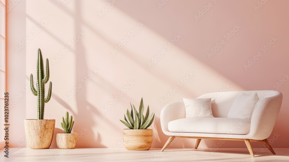 Modern living room with white armchair, cacti, and pink walls. Modern living room with white armchair, cacti, and pink walls.
