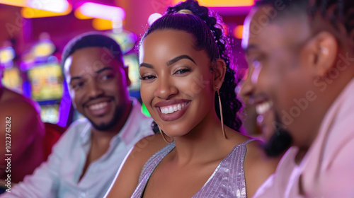 Friends enjoying night out at a vibrant casino with slot machines.