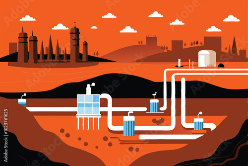 Illustration showing a system of underground pipes transporting water from a reservoir to a city.