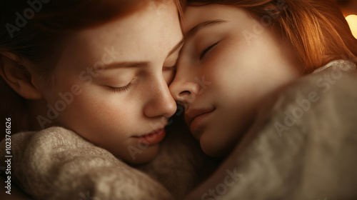 Two redheaded girls peacefully sleeping together, soft and warm atmosphere