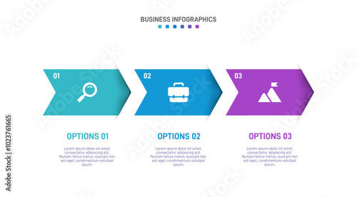 Horizontal progress bar featuring 3 arrow-shaped elements, symbolizing three six stages of business strategy and progression. Clean timeline infographic design template. Vector for presentation
