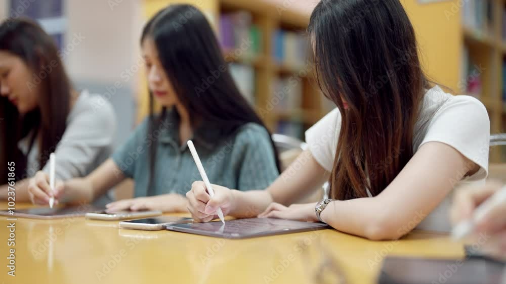 A girl is writing on a tablet with a pen. She is sitting at a table with other girls A girl is writing on a tablet with a pen. She is sitting at a table with other girls