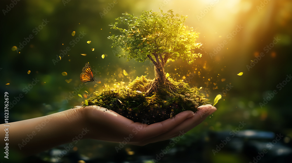 Fototapeta premium A hand holds a growing tree