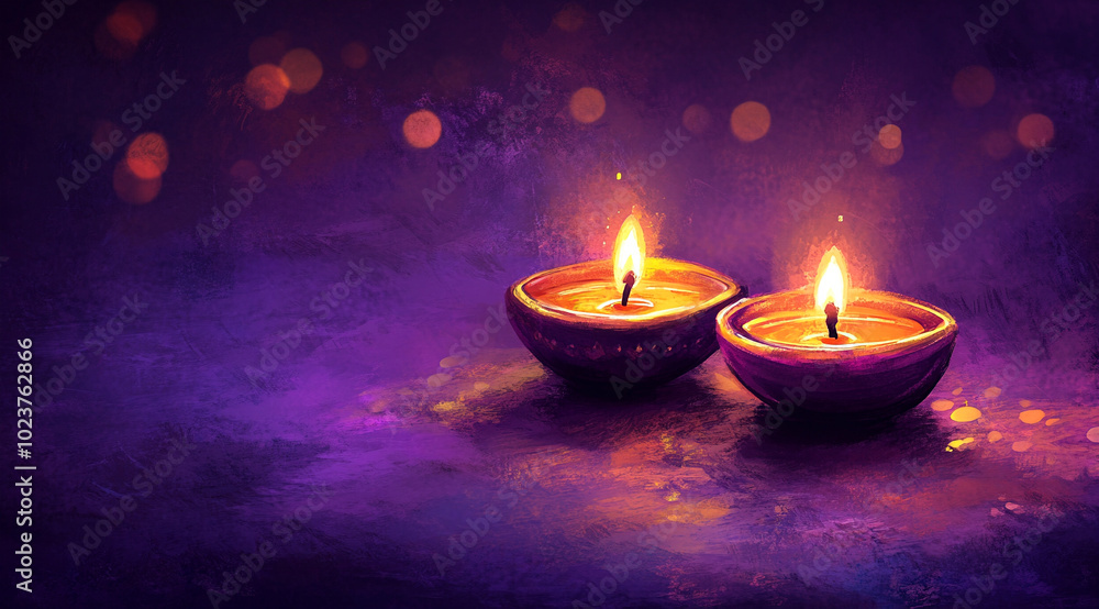 Lit diya traditional oil lamp on colorful abstract rangoli background. Deepavali, Diwali. Hindu festival of lights. Template with copy space for greeting card, banner, poster for Indian holidays Lit diya traditional oil lamp on colorful abstract rangoli background. Deepavali, Diwali. Hindu festival of lights. Template with copy space for greeting card, banner, poster for Indian holidays