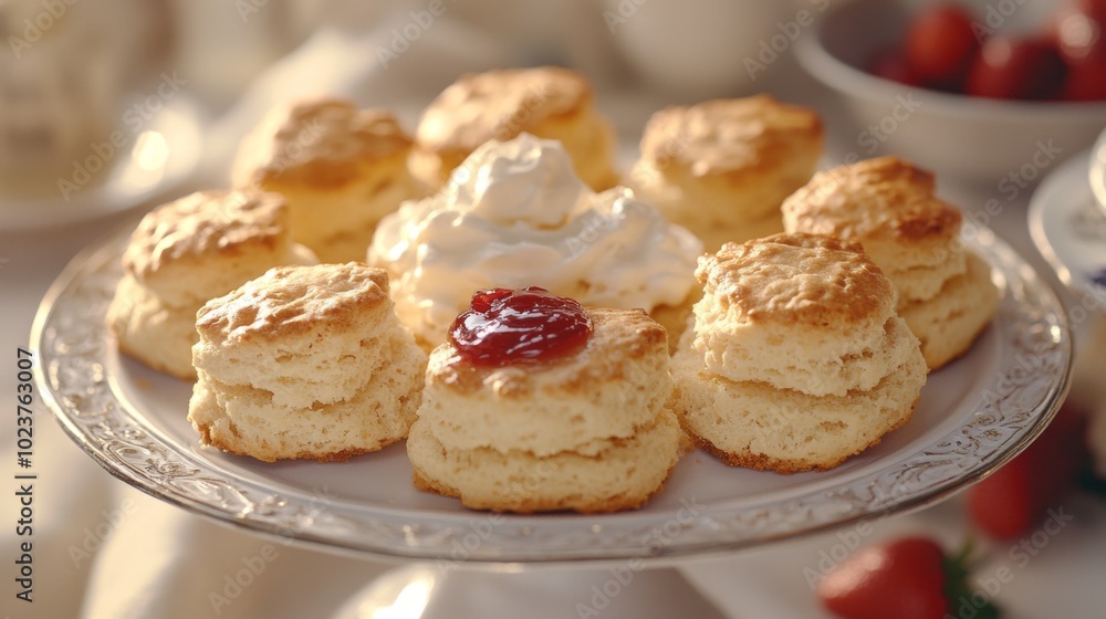Freshly Baked Biscuits with Cream and Jam Delight Freshly Baked Biscuits with Cream and Jam Delight