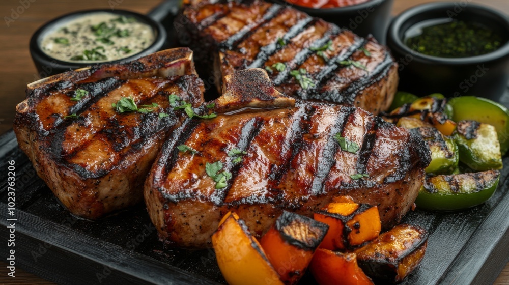 Juicy Grilled Meat with Fresh Vegetables on Plate Juicy Grilled Meat with Fresh Vegetables on Plate