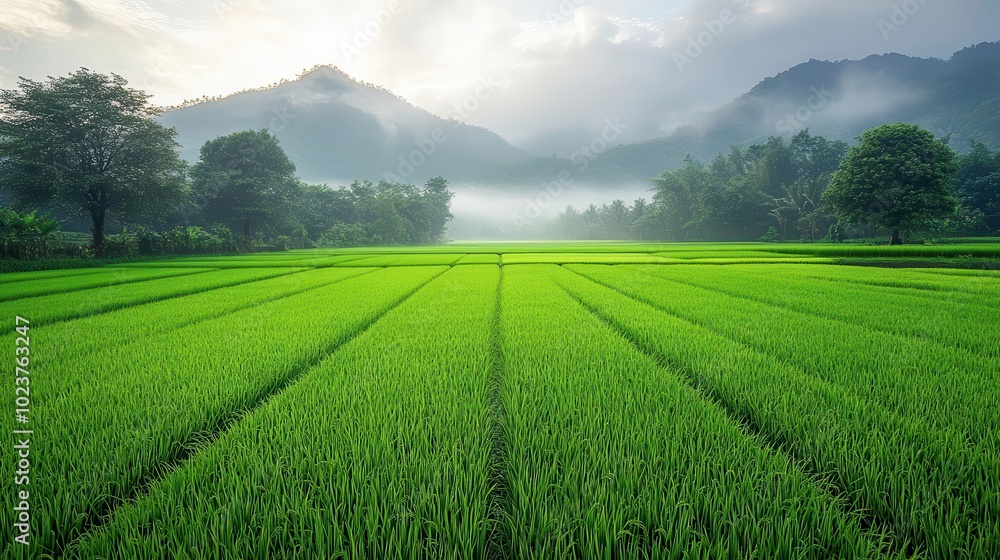 vast lush green rice field stretching endlessly towards the horizon showcasing the beauty of agriculture and nature set against a pure white background for emphasis vast lush green rice field stretching endlessly towards the horizon showcasing the beauty of agriculture and nature set against a pure white background for emphasis