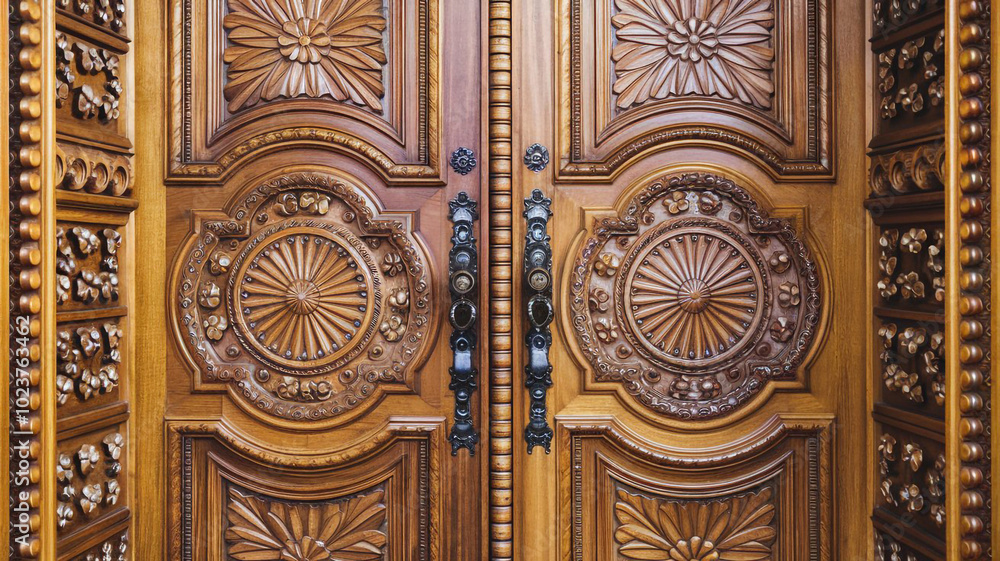 Ornate Carved Wooden Double Doors with Intricate Detail and Metal Handles Ornate Carved Wooden Double Doors with Intricate Detail and Metal Handles