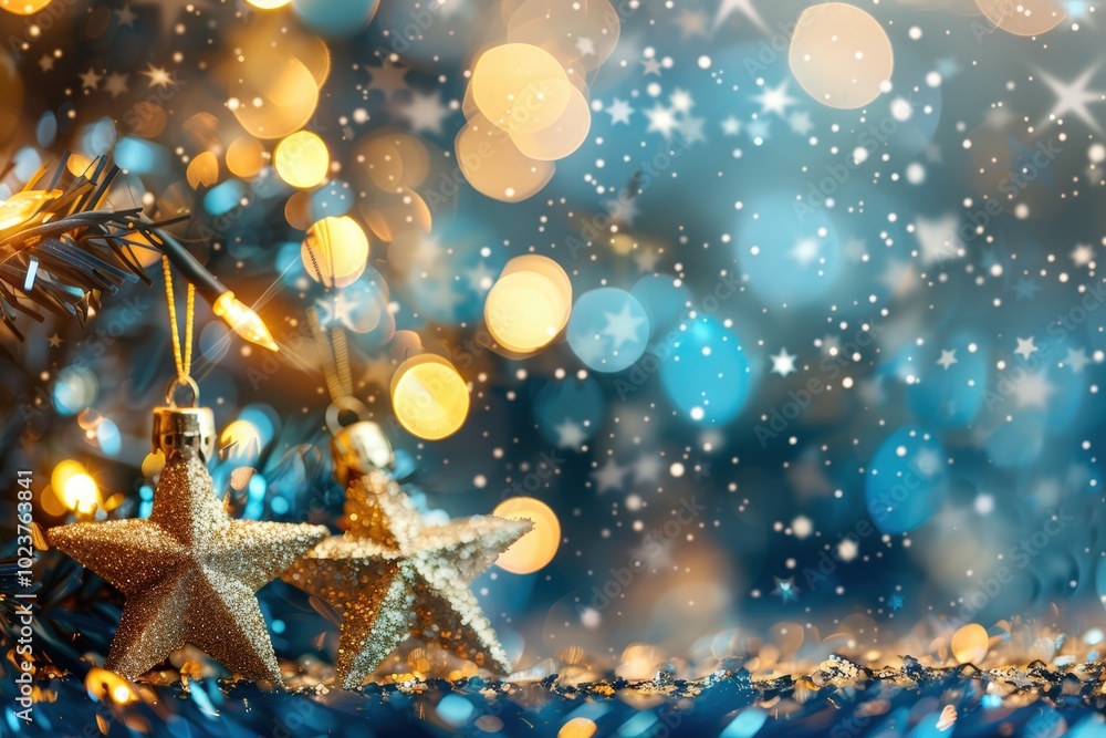 Fototapeta premium Festive navy abstract background with Christmas tree decorations stars, gold glitter, snowflakes, de focused. Holiday illumination, gold sequins. Blue card, invitation, template, with sparkle, blurry 