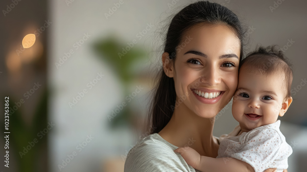 Fototapeta premium spanish smiling young woman holding little baby on background of room of cozy house, mother and child, kid, newborn, infant, toddler, parent, family, love, mom, mommy, hispanic, mexican girl, mother's