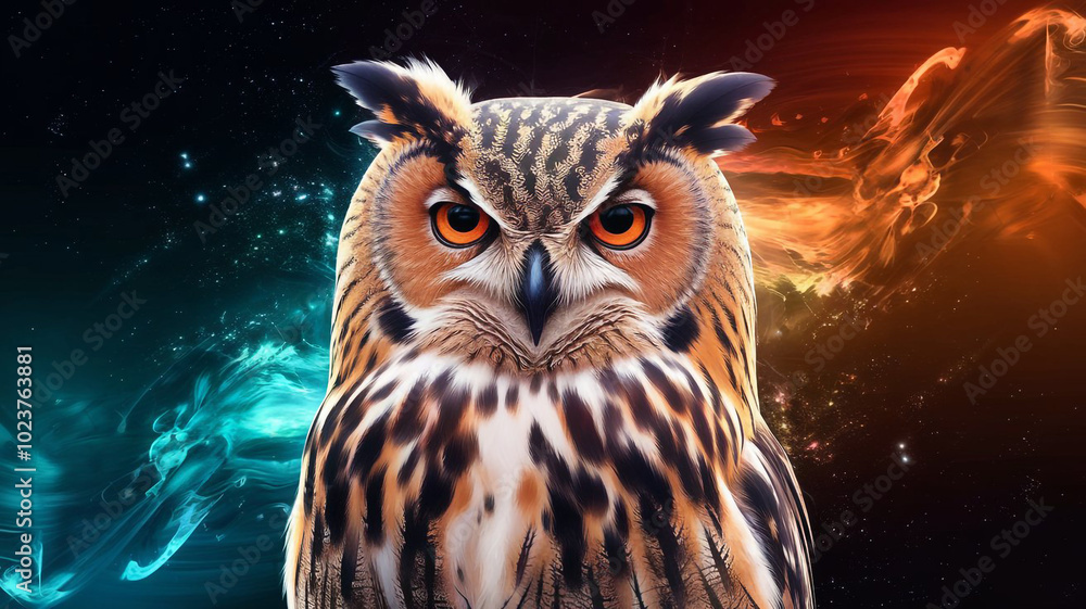 Majestic Owl with Abstract Cosmic Background Wildlife Nature Feathers Bird of Prey Majestic Owl with Abstract Cosmic Background Wildlife Nature Feathers Bird of Prey