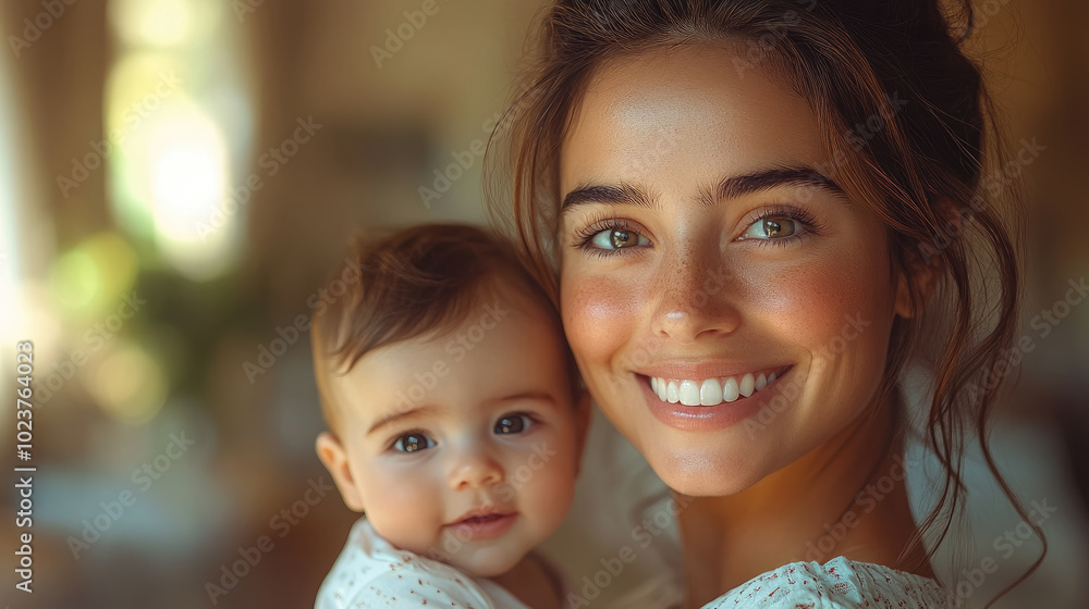 Obraz premium spanish smiling young woman holding little baby on background of room of cozy house, mother and child, kid, newborn, infant, toddler, parent, family, love, mom, mommy, hispanic, mexican girl, mother's