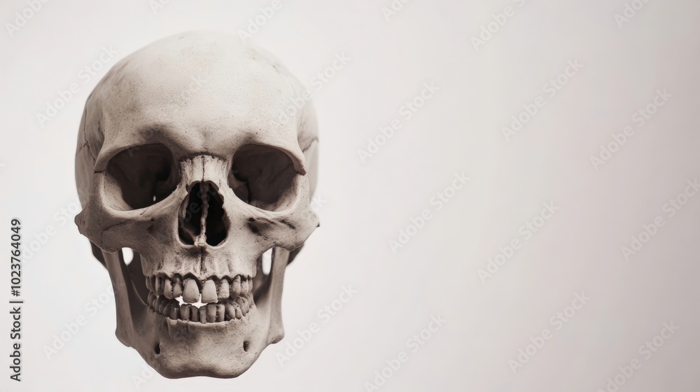 Obraz premium Human skull with natural texture on a light background, front view