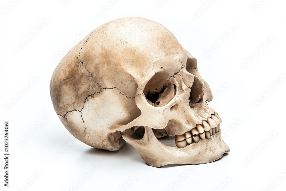 Obraz premium Aged human skull in side view on white background