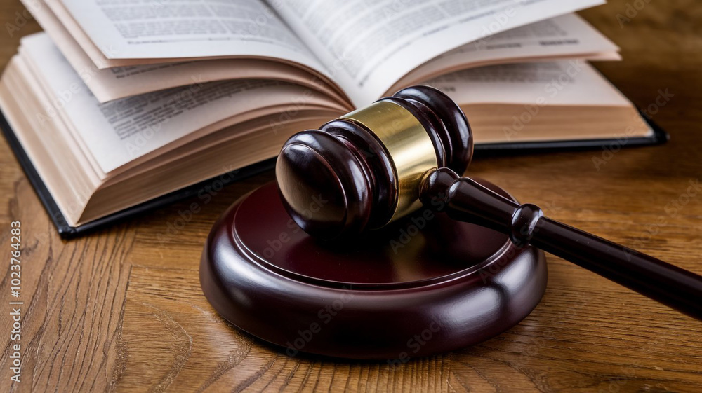 Gavel and Law Book on Wooden Table Justice Law Court Legal Justice System Gavel and Law Book on Wooden Table Justice Law Court Legal Justice System