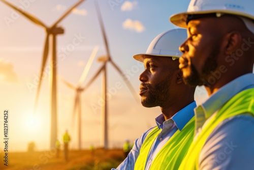 Engineers oversee wind turbines at sunset on a renewable energy site