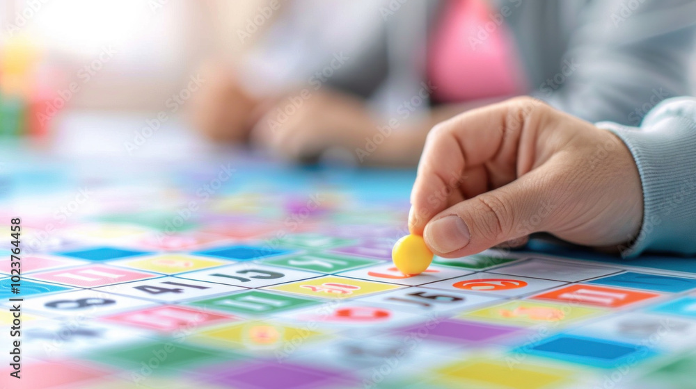 Hand of person playing colorful board game with yellow game piece on vibrant game board. International Tabletop Day, National Game & Puzzle Week Hand of person playing colorful board game with yellow game piece on vibrant game board. International Tabletop Day, National Game & Puzzle Week