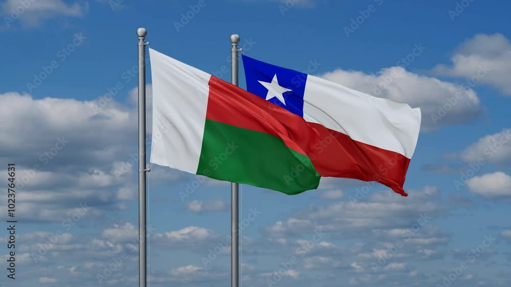 Chile and Madagascar flags flying together, video concept of the relationship, two country relations concept Chile and Madagascar flags flying together, video concept of the relationship, two country relations concept