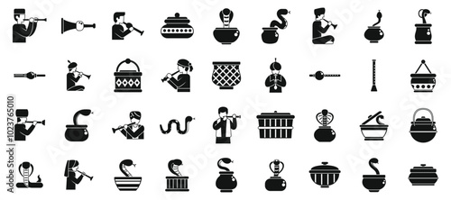 Snake charmer icons set. Snake charmers playing flute for cobra in basket, traditional indian culture show icons set simple style