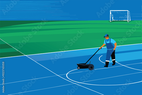 A worker uses a machine to paint lines on a blue soccer field.