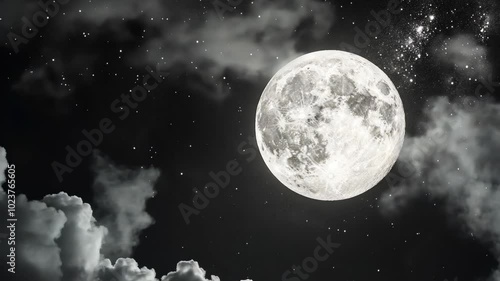 A bright full moon shines in the night sky, surrounded by twinkling stars and wispy clouds