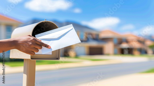 Hand placing envelope in suburban neighborhood mailbox on sunny day. photo