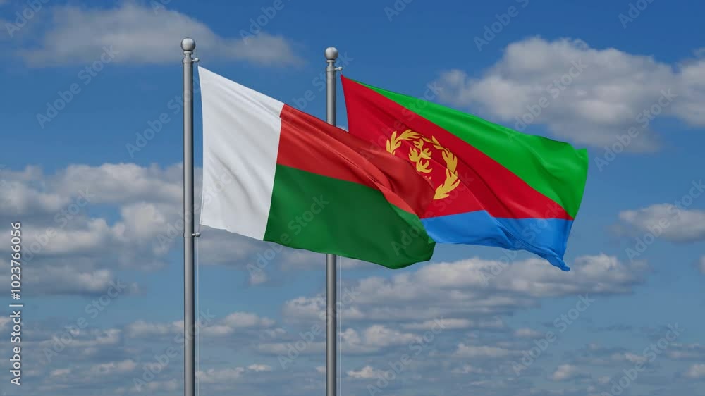 Eritrea and Madagascar flags flying together, video concept of the relationship, two country cooperation concept Eritrea and Madagascar flags flying together, video concept of the relationship, two country cooperation concept