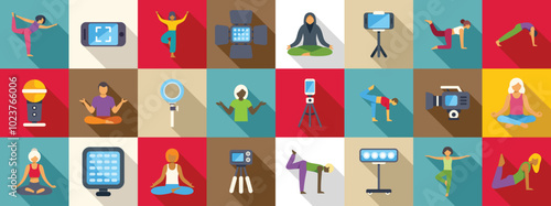 Yoga blogger icons set. Yoga bloggers are recording online training program using camera, light, microphone, tripod