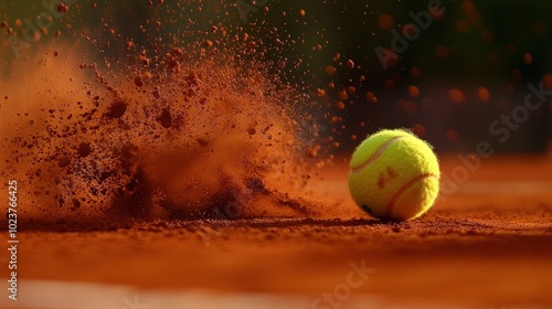A close-up of a tennis ball rolling on a clay court, kicking up red clay dust.