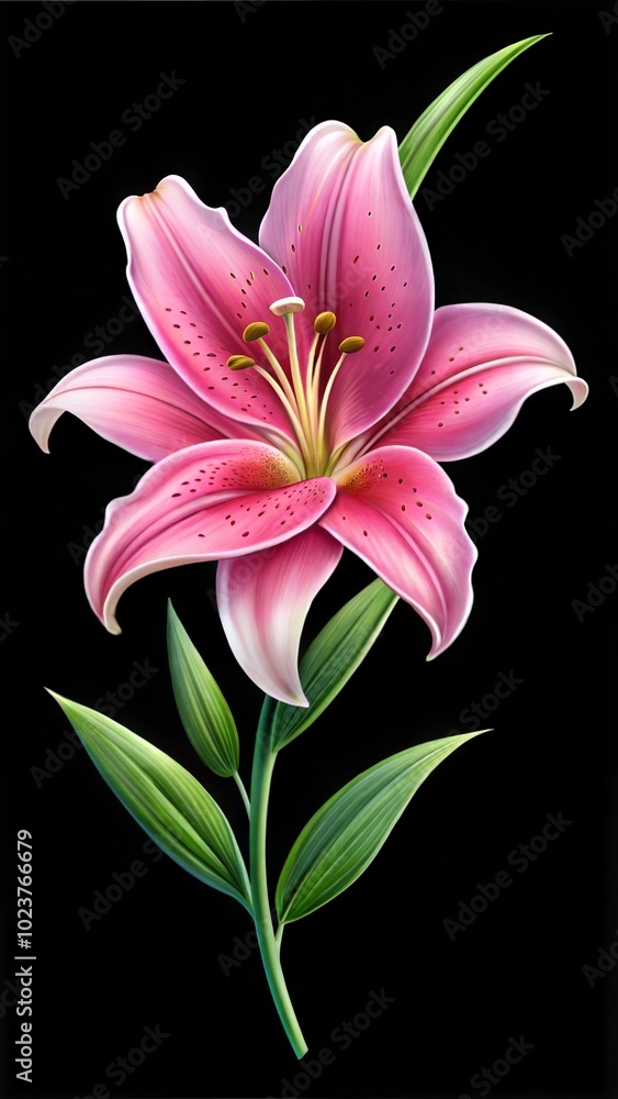 Naklejka premium A detailed pink lily with vibrant petals against a black background, showcasing nature's beauty in its purest form. Generative AI