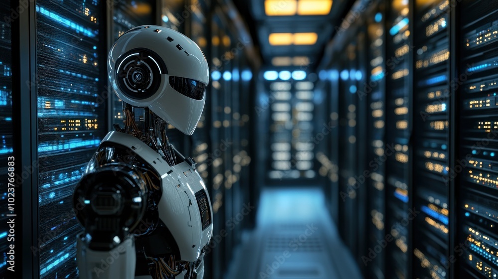 Fototapeta premium A humanoid robot stands in a high-tech server room, highlighting technology and innovation.