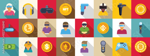 Metaverse game p2e icons set. Set of icons showing people using vr technology and various cryptocurrencies for payments photo