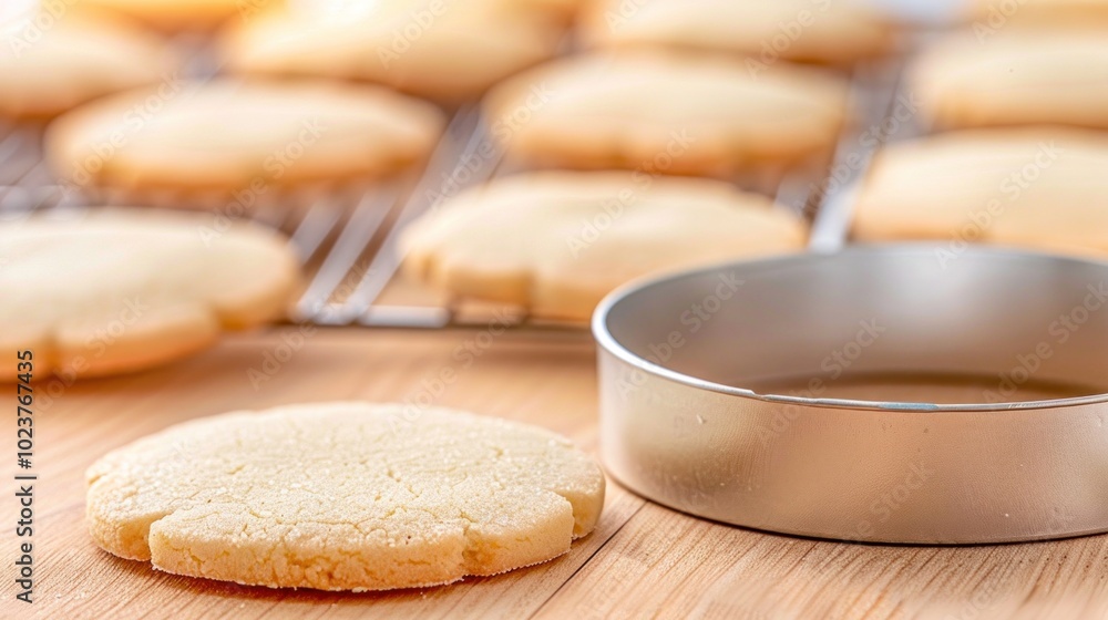 Freshly baked sugar cookies with metal cookie cutter on wooden table. National Cookie Cutter Day, National Cookie Day Freshly baked sugar cookies with metal cookie cutter on wooden table. National Cookie Cutter Day, National Cookie Day
