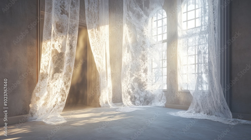 Lace Curtains Draped Over Windows in a Room with Sunlight Streaming In Lace Curtains Draped Over Windows in a Room with Sunlight Streaming In