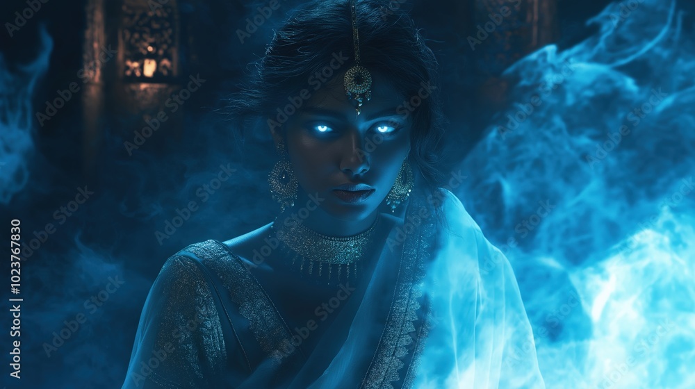 Powerful sorceress with glowing blue eyes in mystical setting Powerful sorceress with glowing blue eyes in mystical setting