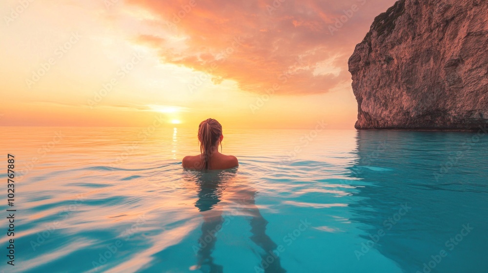 A serene sunset view over calm waters, featuring a person enjoying the tranquil atmosphere. A serene sunset view over calm waters, featuring a person enjoying the tranquil atmosphere.