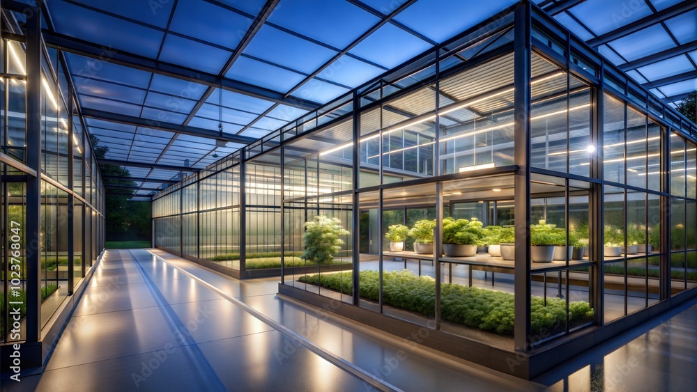 Modern Greenhouse at Night: Sleek Design with Ambient Lighting and Hydroponic Elegance Modern Greenhouse at Night: Sleek Design with Ambient Lighting and Hydroponic Elegance