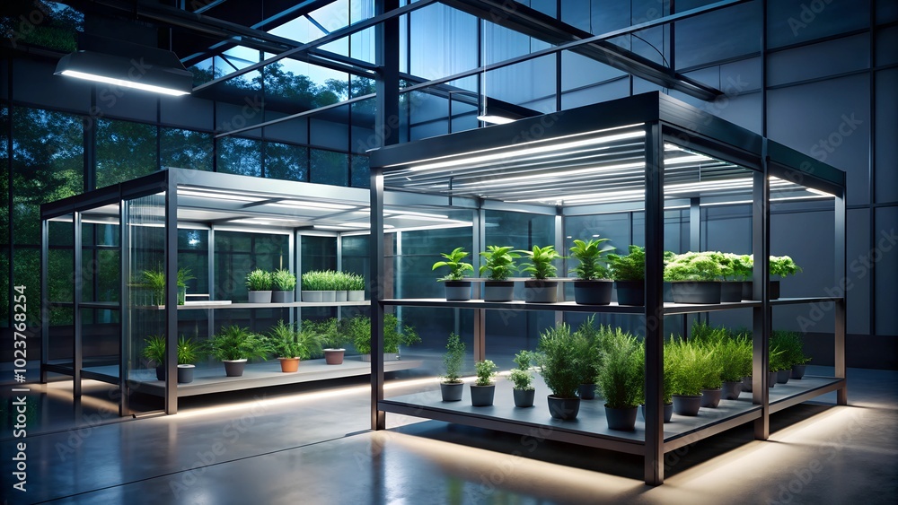 Modern Greenhouse at Night: Sleek Design with Ambient Lighting and Hydroponic Elegance Modern Greenhouse at Night: Sleek Design with Ambient Lighting and Hydroponic Elegance