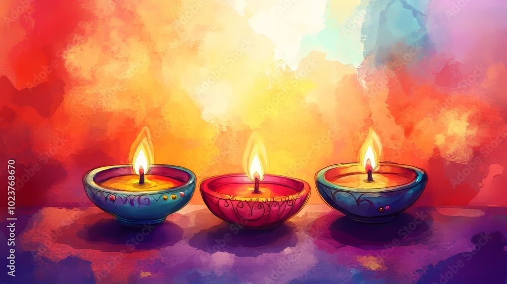 Diwali props in a vibrant watercolor illustration style Diwali props in a vibrant watercolor illustration style