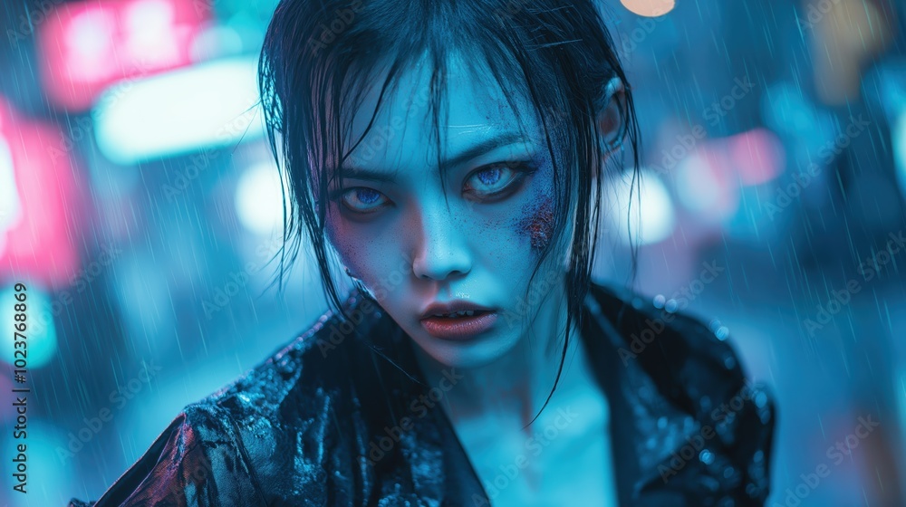 Gothic woman in a rainy cityscape with a haunting expression Gothic woman in a rainy cityscape with a haunting expression