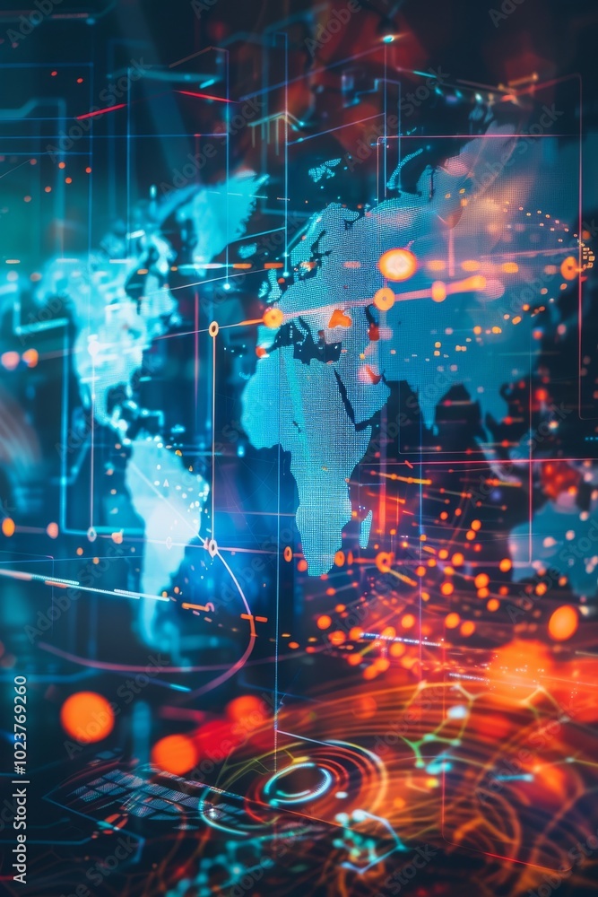 Abstract image of a digital world map with futuristic technology interface and data visualization elements. Abstract image of a digital world map with futuristic technology interface and data visualization elements.